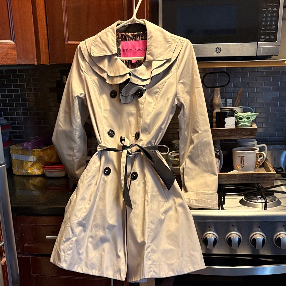 Betsey Johnson Cream Trench Coat with Black Accents - Picture 2 of 8